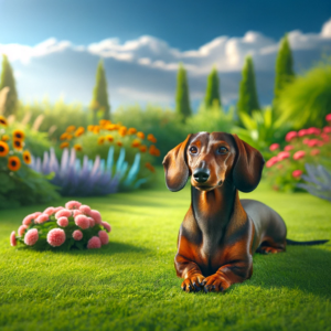 DALL·E 2023 12 31 16.13.31 A dachshund dog demonstrating the down command in a serene outdoor setting. The dog with a glossy brown coat is lying down gracefully on a lush gr